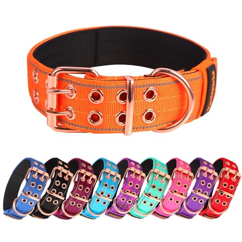 Yunleparks Strapazierfähiges Hundehalsband, taktisches Hundehalsband mit Neopren, gepolstert, Metallschnalle, reflektierendes Nylonhalsband für mittelgroße und große Hunde (Orange, L) von Yunleparks