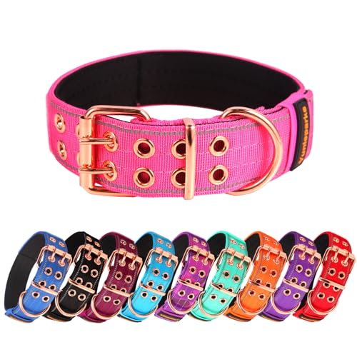 Yunleparks Strapazierfähiges, taktisches Hundehalsband mit Neopren gepolsterter Metallschnalle, reflektierendes Nylon für mittelgroße und große Hunde (Rosa, L) von Yunleparks