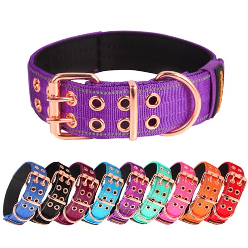 Yunleparks Strapazierfähiges Hundehalsband, taktisches Hundehalsband mit Neopren, gepolstert, Metallschnalle, reflektierendes Nylonhalsband für mittelgroße und große Hunde (lila, groß) von Yunleparks