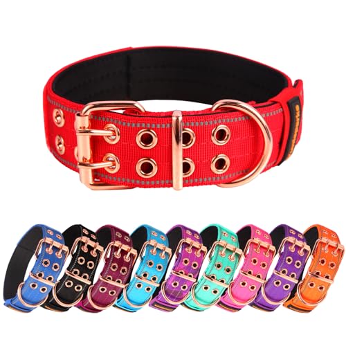 Yunleparks Strapazierfähiges Hundehalsband, taktisches Hundehalsband mit Neopren-Polsterung, Metallschnalle, reflektierendes Nylonhalsband für mittelgroße und große Hunde (Rot, L) von Yunleparks