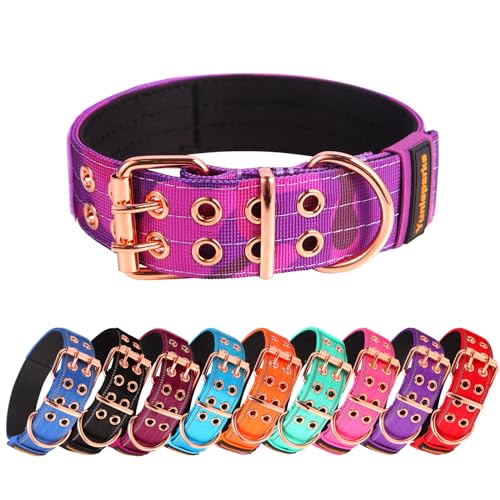 Yunleparks Strapazierfähiges Hundehalsband, taktisches Hundehalsband mit Neopren-Polsterung, Metallschnalle, reflektierendes Nylonhalsband für mittelgroße und große Hunde (Violett, Camouflage, Größe von Yunleparks