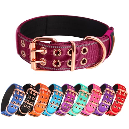 Yunleparks Strapazierfähiges Hundehalsband, taktisches Hundehalsband mit Neopren-Polsterung, Metallschnalle, reflektierendes Nylonhalsband für mittelgroße und große Hunde (Weinrot, XL) von Yunleparks