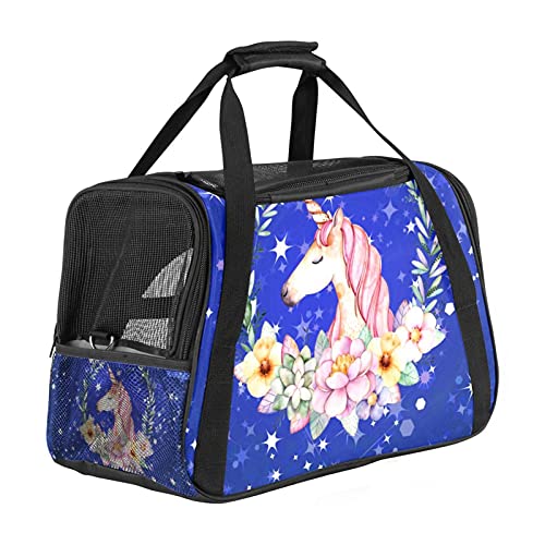 Reisetragetasche für Haustiere blaues blumeneinhorn Tragbare Reisetasche für Hunde oder Katzen mit Sicherheitsreißverschlüssen 43x26x30 cm von Z&Q