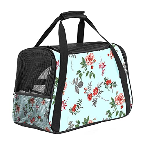 Reisetragetasche für Haustiere rote Blumen Tragbare Reisetasche für Hunde oder Katzen mit Sicherheitsreißverschlüssen 43x26x30 cm von Z&Q