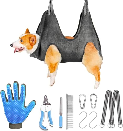 Hundepflege-Hängematte für XL-Hunde, 38,6 kg, All-in-One-Hundepflegeset, Hundegeschirr zum Nageltrimmen, Fellpflegeset für Hunde zu Hause, 1 x Handschuhe, Hunde-Nagelknipser, Hundebürste zum Ausfallen von ZARKAVA