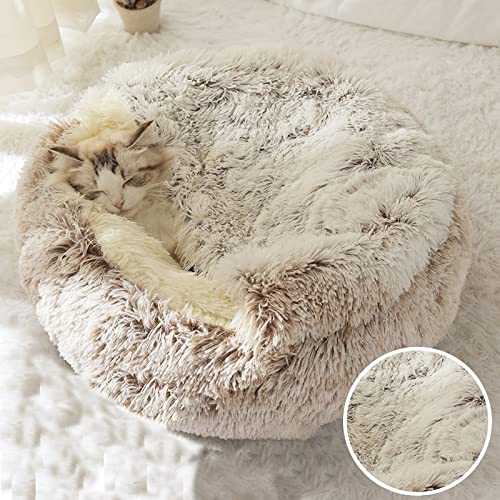 ZAW Hundebett Winter Lange Plüsch Haustier Katze Bett Runde Katze Kissen Katze Haus 2 in 1 Warme Katze Korb Katze Schlafsack Katze Nest Zwinger for kleine Hund Katze Katzenbett von ZAW