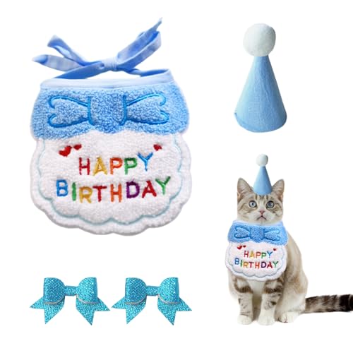 1 Stück Lätzchen, 1 Stück Geburtstagsmütze, 2 Stück Schleifen-Haarnadeln, Welpen- Und Kätzchen-Geburtstagsmütze, Schal, Haustier-Geburtstagszubehör-Set, Haustier-Katzenkostüm (Blau) von ZBHDEYG