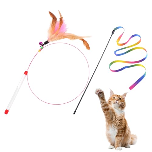 ZBHDEYG 1 Stück Katzenspielzeug-Stick, 1 Stück lustiger Katzen-Gurtband-Stick, Federglocke lustiger Katzenstock, Langer Pol lustiger Katzenstock, Katzentrainer, einziehbares lustiges Katzenspielzeug von ZBHDEYG