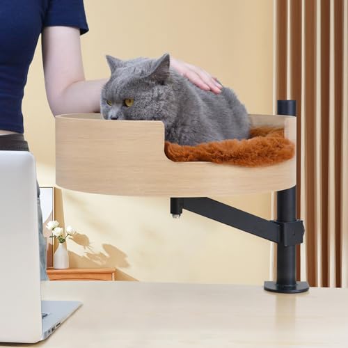 Katzenbett Schreibtisch mit Haustiermatte, Katzenhängematte für Schreibtisch, ZBUQ Katzenbett Schreibtisch mit Holzschale, 360° Drehung und Höhenverstellbar, Hellbraun von ZBUQ