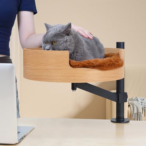 ZBUQ Katzenbett Schreibtisch mit Haustiermatte, Katzenhängematte für Schreibtisch, Katzenbett Schreibtisch mit Holzschale, 360° Drehung und verstellbare Höhe, Braun von ZBUQ