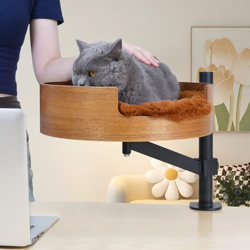 ZBUQ Katzenbett-Schreibtisch mit Haustiermatte, Katzenhängematte für Schreibtisch, Katzenbett-Schreibtisch mit Holzschale, 360° Drehung und verstellbarer Höhe, Kaffee von ZBUQ