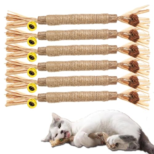 ZDQC 6 Stück Knabberstangen Katze,Matatabi Kaustangen,Katzen Sticks zur Zahnreinigung,Katzenminze Sticks für Katzen,Katzen Zahnpflege Spielzeug,Katzenminze Spielzeug mit Glocke von ZDQC