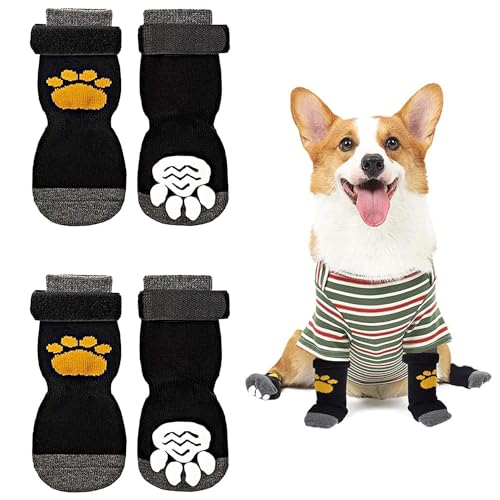 ZEACCT 4er-Pack Hundesocken, rutschfeste Hundesocken, Verstellbare Hundesocken, Warme Hundesocken, Pfotenbeschützer für Welpen Beim Gehen Auf Innen- und Außen-Holzböden (Schwarz, M) von ZEACCT