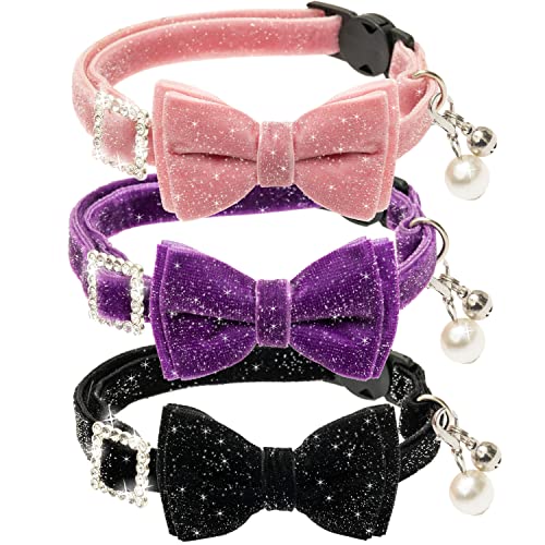 ZEEMIAS Katzenhalsbänder für Mädchen, Jungen, Katzen, Fliege, niedliches Breakaway-Katzenhalsband, verstellbare Strasssteine, Rosa, Schwarz, Violett, Katzenhalsbänder mit Glocke von ZEEMIAS