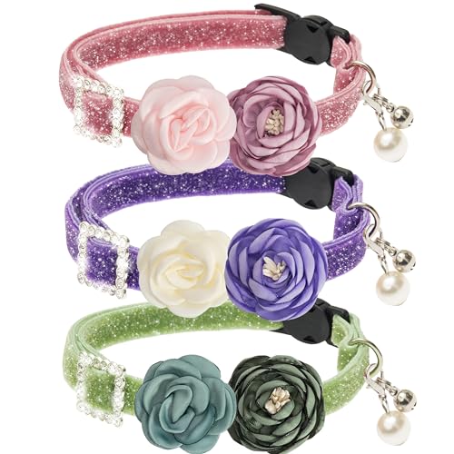 ZEEMIAS Katzenhalsbänder mit Glöckchen – 3 Stück Breakaway Floral Cute Katzenhalsbänder für Mädchen, Jungen, Katzen, Kätzchen, Welpen – verstellbar (19,1 cm - 31,8 cm), weiches von ZEEMIAS