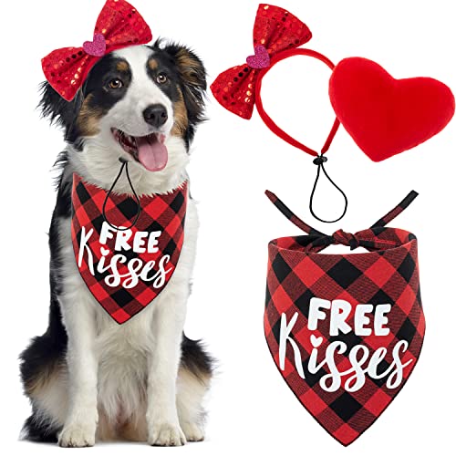 ZEEMIAS Valentinstag Hund Kostüm Set - Rot Niedlich Plaid Hund Bandana & Fliege Bling Hund Stirnband & Plüsch Herz Hundespielzeug für Urlaub, Party, Valentinstag Zubehör von ZEEMIAS