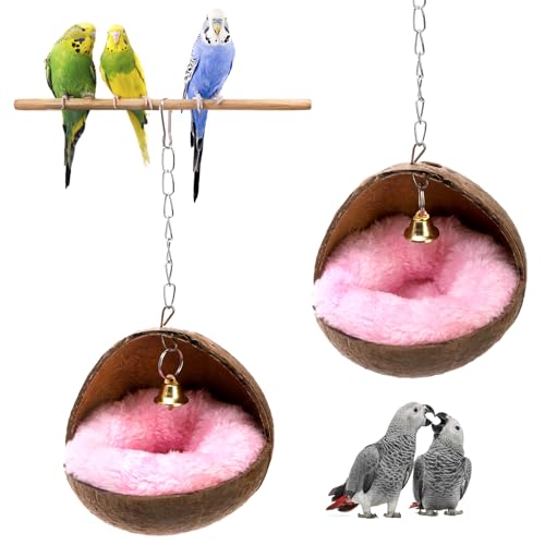 ZENFUN 2er Packs Kokosnuss Vogelnest, Papageien Kokos Haus mit Warmer Matte, Vogelkäfig Hängespielzeug, Natürlicher Holzruhe Brutplatz für Sittich, Nymphensittich, Wellensittiche von ZENFUN