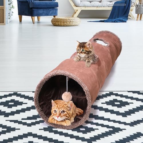 ZENFUN Collasiple Katzenspieltunnel, 30,5 x 129,5 cm, Katzenröhren und Tunnel, Katze, faltbares Versteck-Tunnelspielzeug, braunes Wildleder, Haustierschlauchspielzeug für Kaninchen, Frettchen, Welpen, von ZENFUN