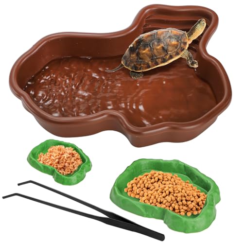 ZENFUN Wassernapf für Schildkröten mit Rampe, Wassernapf für Schildkröten mit Pinzette, Badeschale für Reptilien, Wasserschale für Reptilien, große Einweichschalen-Box, Schildkröten-Zubehör, 4 Stück von ZENFUN