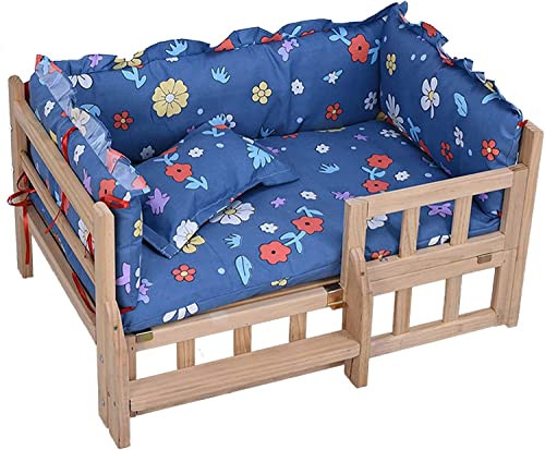 ZEONIK dog bed Wooden Dog Bed Elevated Pet Bed Pet Sofa Bed Couch Eevated Pet Cot Couch with Fenced & Stairs Blue Floral Cotton cushion for Dogs Cat pet bed von ZEONIK