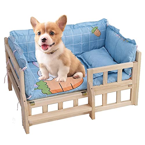 ZEONIK hundebett Erhöhtes Hundebett aus Holz mit Bettwäsche und Geländer, Haustiersofa, abnehmbares Hunde- und Katzenbett mit Matratze und Zaun für große/mittlere Haustiere hundebetten von ZEONIK