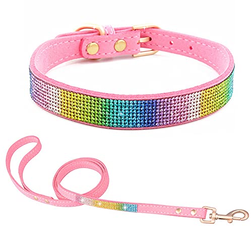 ZESLIV Bunt Hundehalsband mit Strasssteinen weiches Wildlederhalsband für mittelgroße Hunde, glitzernde Diamanten für Hunde und Katzen Kombi-Set mit Leine von ZESLIV