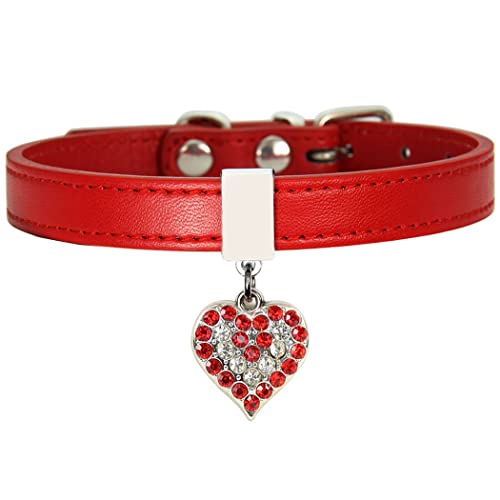 ZESLIV Hundehalsband Katzen Halsband aus PU Leder mit Strass-Anhänger Rotes Halsband für Haustier kleine mittelgroße große Hunde, Verstellbares Halsband von ZESLIV