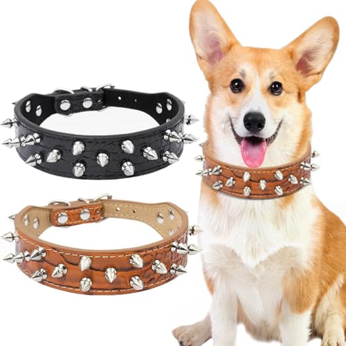 ZESLIV Hundehalsband mit Nieten, 3 * 28CM Haustier Halsband, Verstellbares Halsband für kleine mittelgroße große Hunde, Braun von ZESLIV