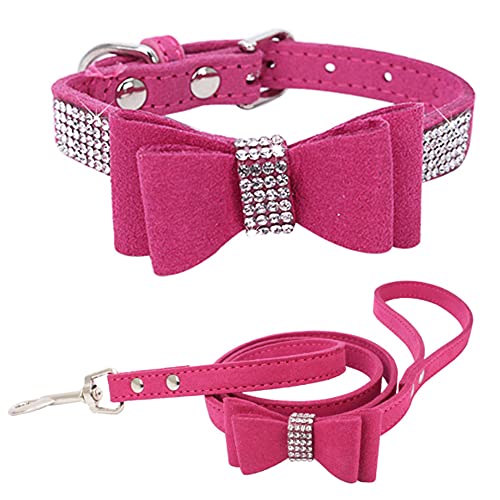 ZESLIV Hundehalsband mit Strasssteinen weiches Wildlederhalsband für mittelgroße Hunde, glitzernde Diamanten für Hunde und Katzen Kombi-Set mit Leine Bögen von ZESLIV