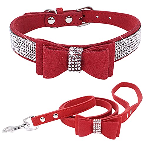 ZESLIV Hundehalsband mit Strasssteinen weiches Wildlederhalsband für mittelgroße Hunde, glitzernde Diamanten für Hunde und Katzen Kombi-Set mit Leine Bögen von ZESLIV