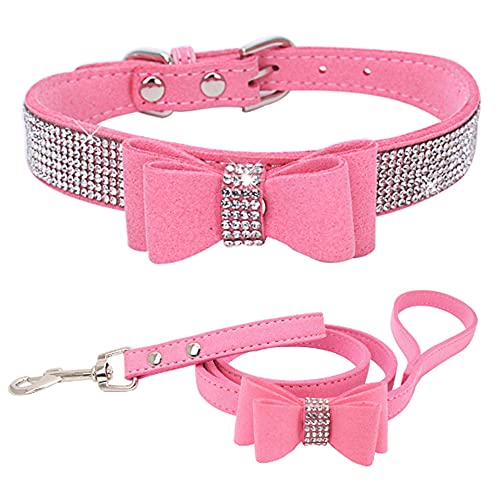 ZESLIV Hundehalsband mit Strasssteinen weiches Wildlederhalsband für mittelgroße Hunde, glitzernde Diamanten für Hunde und Katzen Kombi-Set mit Leine Bögen von ZESLIV