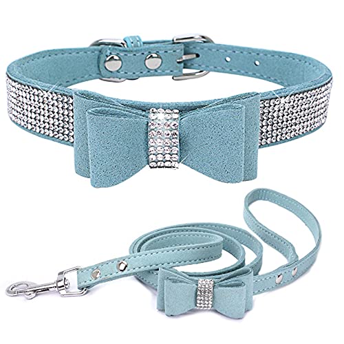 ZESLIV Hundehalsband mit Strasssteinen weiches Wildlederhalsband für mittelgroße Hunde, glitzernde Diamanten für Hunde und Katzen Kombi-Set mit Leine Bögen von ZESLIV