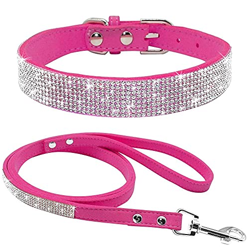 ZESLIV Hundehalsband mit Strasssteinen weiches Wildlederhalsband für mittelgroße Hunde, glitzernde Diamanten für Hunde und Katzen Kombi-Set mit Leine von ZESLIV