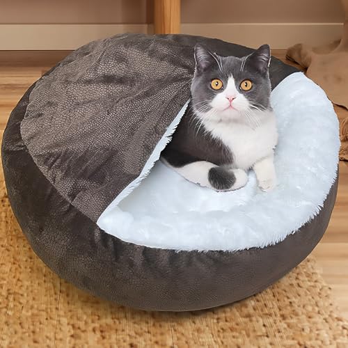 Katze Bett Höhle Für Innenkatzen, Katze Bett Runde Plüsch Flauschig Mit Kapuze Beruhigend Katze Bett Höhle Für Hunde Katzen, Anti-Rutsch & Wasser Boden Waschbar Bett,Schwarz,60cm von ZFFLYH