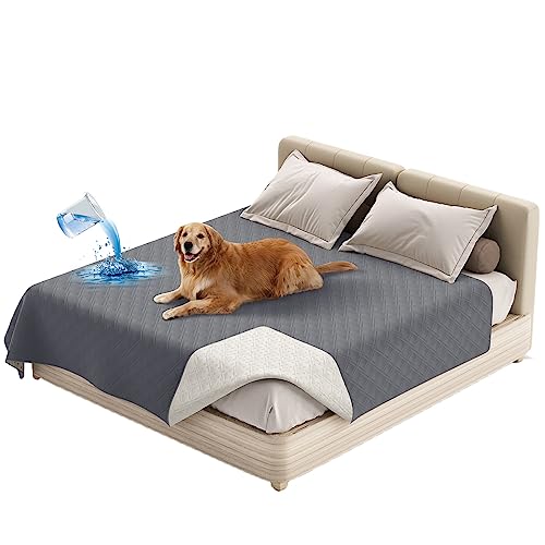 Wasserdichte Doppel Tagesdecke Gesteppter Hundekissen Ersatzbezug Hundebett Wechselbezug Silikon Rutschfest Möbelschutz Für Bett, Sofa, Couch Hunden Katzen Kinder (102 x 127 cm/40 x 50 in,Grau) von ZGDDPZA