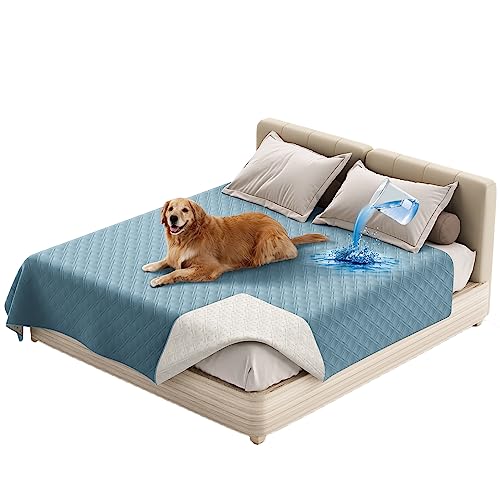 Wasserdichte Doppel Tagesdecke Gesteppter Hundekissen Ersatzbezug Hundebett Wechselbezug Silikon Rutschfest Möbelschutz Für Bett, Sofa, Couch Hunden Katzen Kinder (102 x 127 cm/40 x 50 in,Grau Blau) von ZGDDPZA