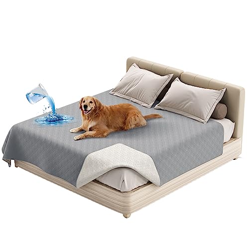 Wasserdichte Doppel Tagesdecke Gesteppter Hundekissen Ersatzbezug Hundebett Wechselbezug Silikon Rutschfest Möbelschutz Für Bett, Sofa, Couch Hunden Katzen Kinder (102 x 127 cm/40 x 50 in,Hellgrau) von ZGDDPZA