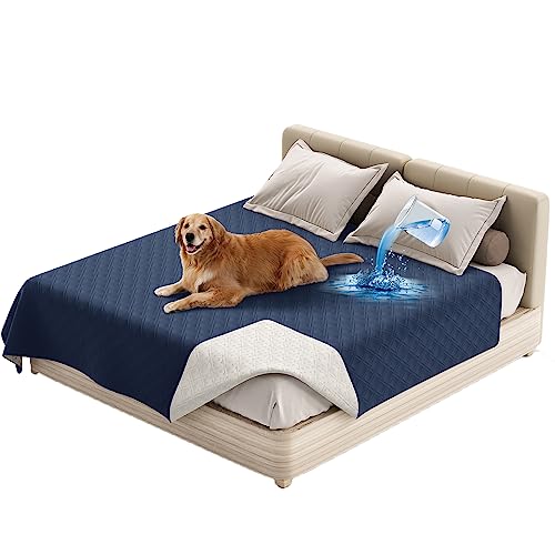 Wasserdichte Doppel Tagesdecke Gesteppter Hundekissen Ersatzbezug Hundebett Wechselbezug Silikon Rutschfest Möbelschutz Für Bett, Sofa, Couch Hunden Katzen Kinder (102 x 127 cm/40 x 50 in,Navy Blue) von ZGDDPZA