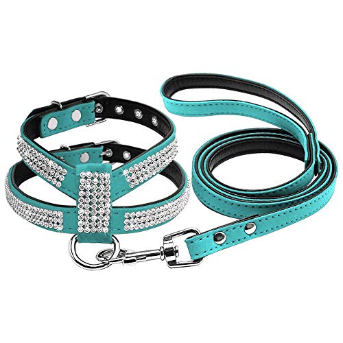 Soft Bling Strass Hundegeschirr Diamant Wildleder Leder Katze Welpe Kätzchen Geschirr & Leine Set Für Kleine Mittelgroße Hunde Chihuahua S M L.-Blau_L. von ZHANGXIANG