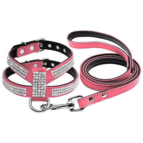 Soft Bling Strass Hundegeschirr Diamant Wildleder Leder Katze Welpe Kätzchen Geschirr & Leine Set Für Kleine Mittelgroße Hunde Chihuahua S M L.-Rosa_M. von ZHANGXIANG