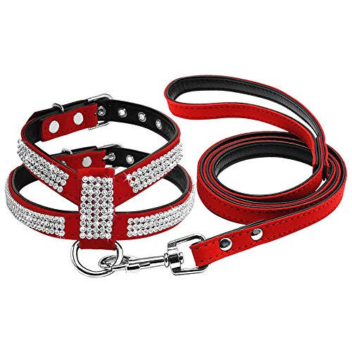 Soft Bling Strass Hundegeschirr Diamant Wildleder Leder Katze Welpe Kätzchen Geschirr & Leine Set Für Kleine Mittelgroße Hunde Chihuahua S M L.-Rot_L. von ZHANGXIANG