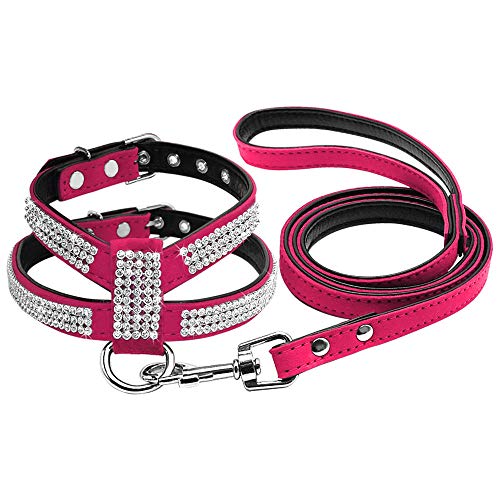 Soft Bling Strass Hundegeschirr Diamant Wildleder Leder Katze Welpe Kätzchen Geschirr & Leine Set Für Kleine Mittelgroße Hunde Chihuahua S M L.-Rote Rose_L. von ZHANGXIANG