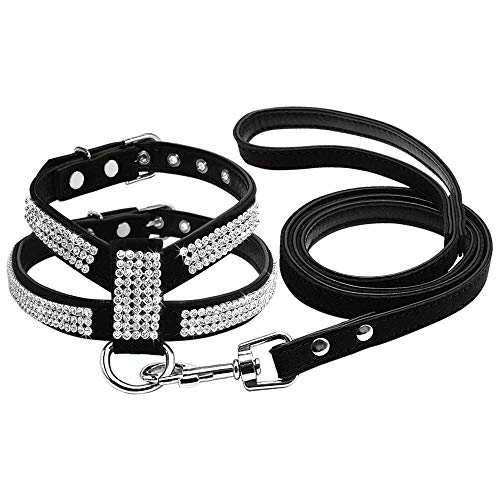 Soft Bling Strass Hundegeschirr Diamant Wildleder Leder Katze Welpe Kätzchen Geschirr & Leine Set Für Kleine Mittelgroße Hunde Chihuahua S M L.-Schwarz_L. von ZHANGXIANG