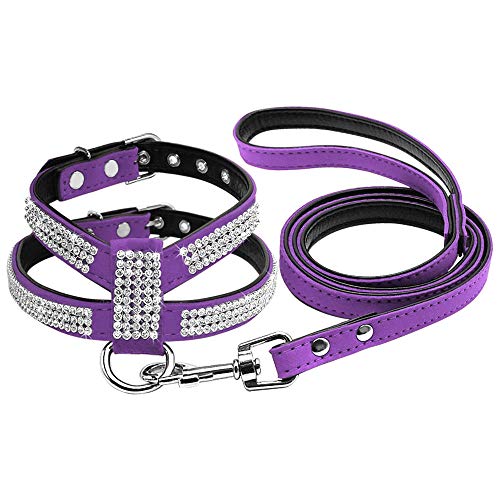 Soft Bling Strass Hundegeschirr Diamant Wildleder Leder Katze Welpe Kätzchen Geschirr & Leine Set Für Kleine Mittelgroße Hunde Chihuahua S M L.-Violett_L. von ZHANGXIANG