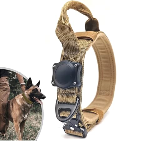 ZHHSUNY 100 % wasserdichtes aktives GPS-AirTag-Hundehalsband, Militär-Hundehalsband mit GPS-Luftmarken-Halterung und Griff, geeignet für professionelles Training (Khaki, L) von ZHHSUNY