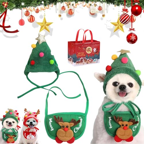 Adorable Christmas Tree Pom-Pom Hat, Celery Pets Dog Santa Hat, Celerypets Dog Christmas Tree Hats, Celery Pets Dog Christmas Hat, Funny Dog Christmas Hat Pets Santa Bibs (M,A Set) von ZHKVAG