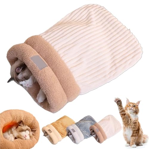 Cat Sleeping Bag, Cat Sleeping Bag for Indoor Cats, Cat Winter Sleeping Bag, Cat Bed Cave, Winter Cat Sleeping Bag for Cats, 360°Wrap Comfortable Soft Plush Sack Self Warm Pet Snuggle Sack (L,Beige) von ZHKVAG