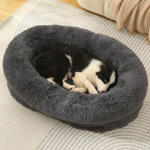 ZHULONGRUSHUI Bequemes ovales Plüsch-Hundebett, orthopädisches Hundebett und Sofa, weiches Plüsch-Katzenbett, Anti-Angst, waschbar, rutschfest, Plüsch, wärmend, Kunstfell-Haustierbett (dunkelgrau) von ZHULONGRUSHUI