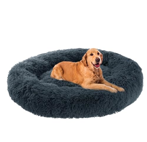 ZHULONGRUSHUI Hundebett,Katzenbett,plüsch Hundekissen rund Kuschelbett Donut,erhöhte Ränder,Anti-Angst,Hundekissen Waschbar Hundekorb Flauschig,Mittelgroße und Große Hunde(Dunkelgrau) von ZHULONGRUSHUI