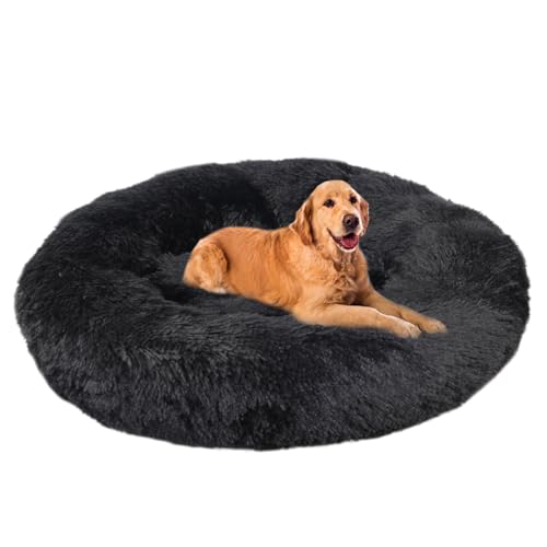 ZHULONGRUSHUI Hundebett,Katzenbett,plüsch Hundekissen rund Kuschelbett Donut,erhöhte Ränder,Anti-Angst,Hundekissen Waschbar Hundekorb Flauschig,Mittelgroße und Große Hunde(Schwarz) von ZHULONGRUSHUI